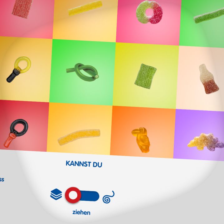 HARIBO Produktstücke auf bunten Kacheln
