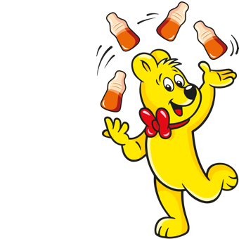 ハッピーコーラバッグのイラスト:コーラボトルでジャグリングするHARIBOベア