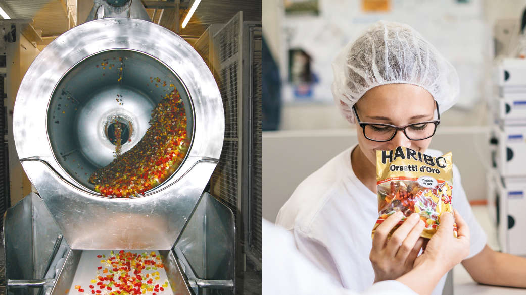 Tamburo di lucidatura con caramelle gommose alla frutta; la dipendente controlla la qualità del sacchetto di caramelle gommose alla frutta