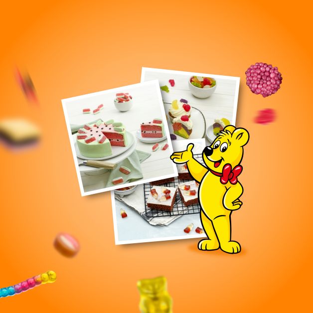 HARIBO Rezept Ideen in Polaroids auf orangenem Hintergrund und Goldbär Illustration
